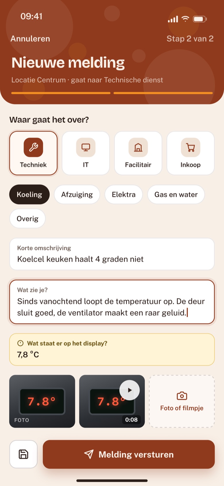 Een nieuwe melding maken: categorie kiezen, omschrijven en een foto of filmpje toevoegen.